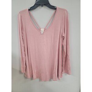 Cover Stitched Womens Pink Long Sleeve V-Neck Top With Strappy Back Design - Siz